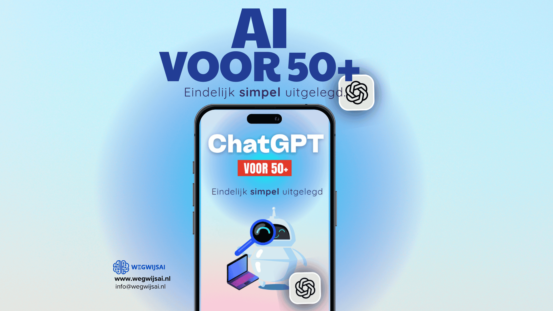 Illustratie van een smartphone met ChatGPT voor 50+ op het scherm.
