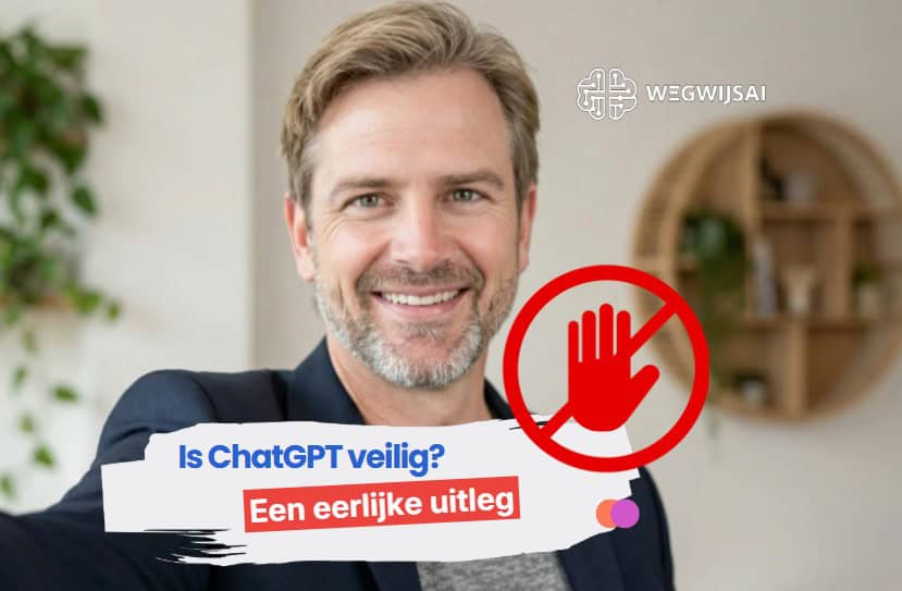 Man met handgebaar en stopteken, vraag over ChatGPT veiligheid.