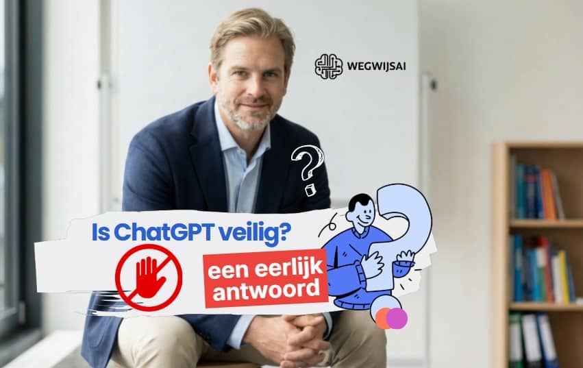 Man in kantoor met vraagteken en tekst over ChatGPT veiligheid.