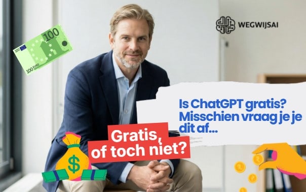 Man met laptop en geld, vraag over gratis ChatGPT gebruik.