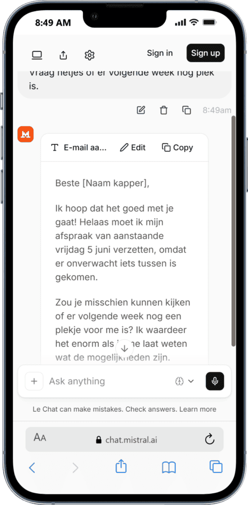 E-mails schrijven met ChatGPT AI-assistent voor effectieve communicatie en ondersteuning via WegwijsAI platform.