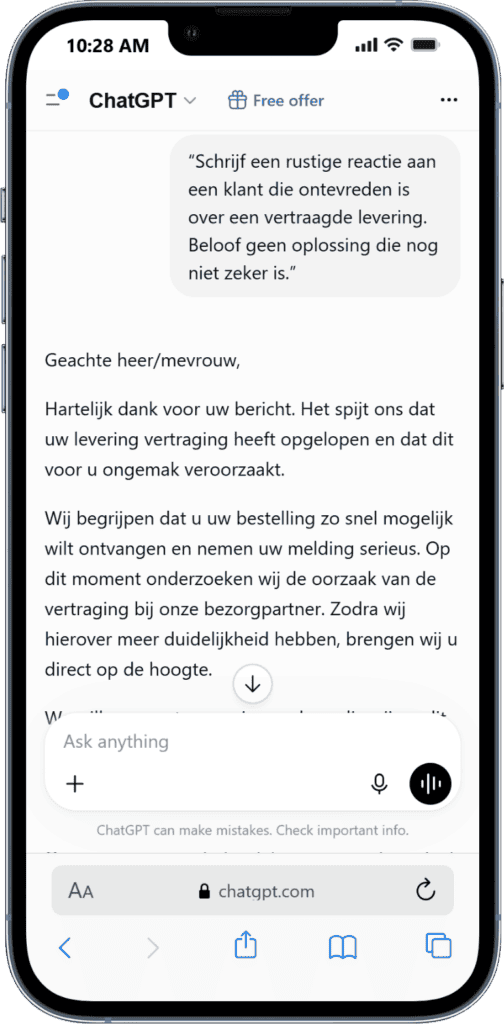 ChatGPT antwoord op voorbeeldvragen