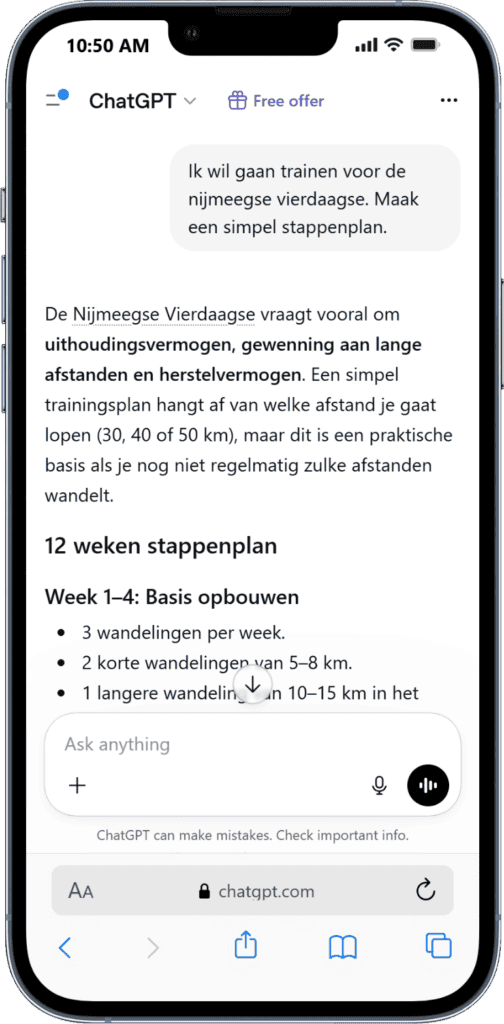Wat moet je typen in ChatGPT Trainingsplan voor de Nijmeegse Vierdaagse met 12 weken opbouw en wandeltechnieken.