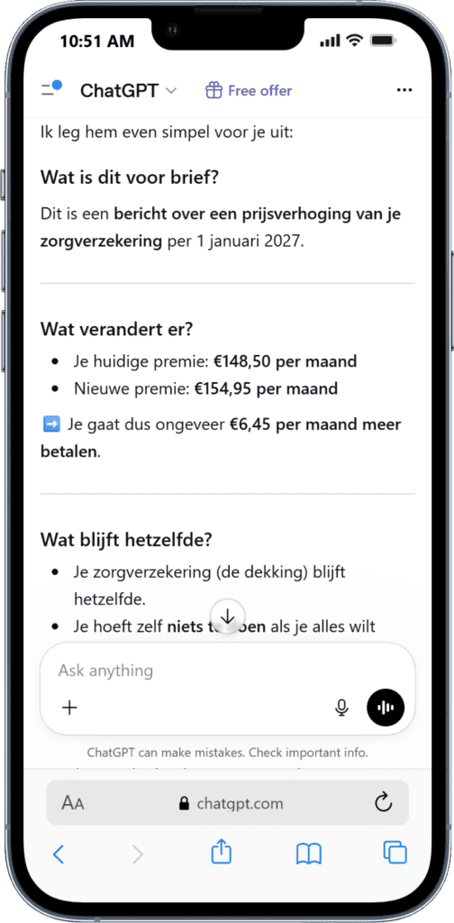 Wat moet je typen in ChatGPT Overzicht van zorgverzekering prijsverhoging en premiewijzigingen 2024.