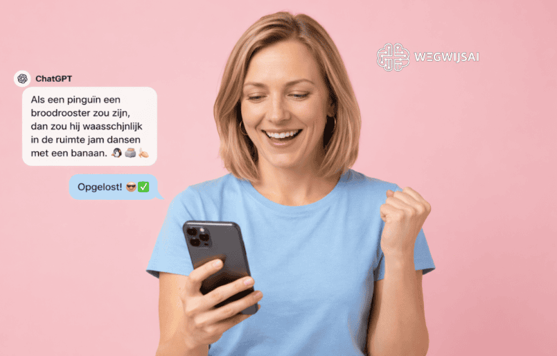 ChatGPT rare antwoorden Vrouw gebruikt WegwijsAI chatapp op smartphone met chatgesprek.