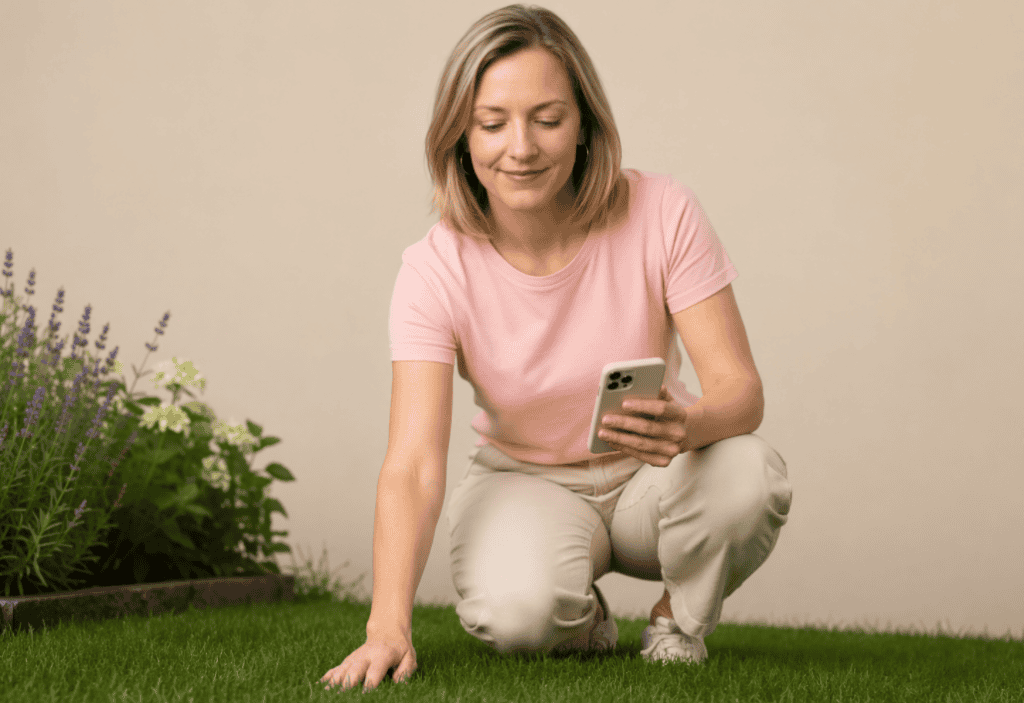 Waar haalt chatgpt zijn informatie vandaan Vrouw die op haar knieën in de tuin zit en op haar smartphone kijkt, met planten op de achtergrond.