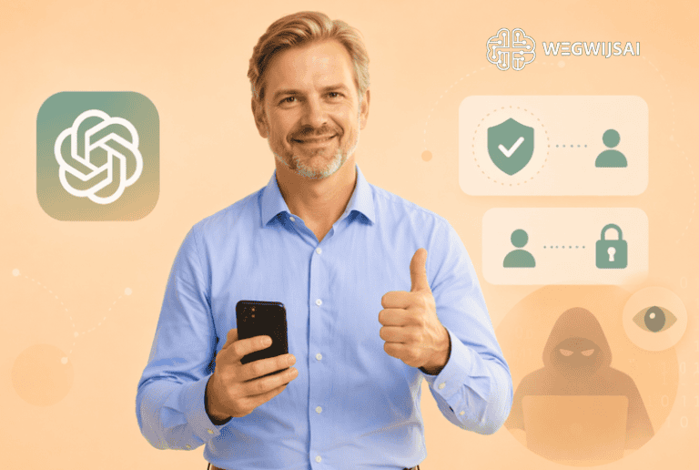 Man met smartphone die digitale veiligheid en privacy benadrukt, WegwijsAI logo op achtergrond.