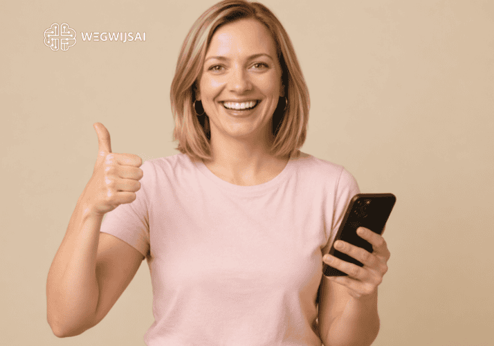 Wat is ChatGPT Vrolijke vrouw met smartphone geeft duim omhoog, promotie WegwijsAI.