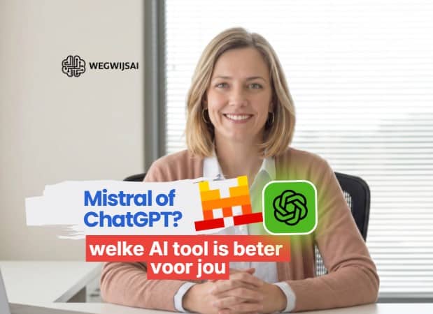 Mistral vs ChatGPT ChatGPT. Vrouw met laptop die AI-tools vergelijkt, WegwijsAI logo zichtbaar.