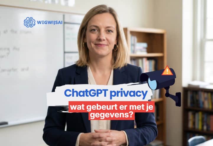 ChatGPT privacy. Vrouw met laptop en AI-icoon over privacy en gegevensbescherming.