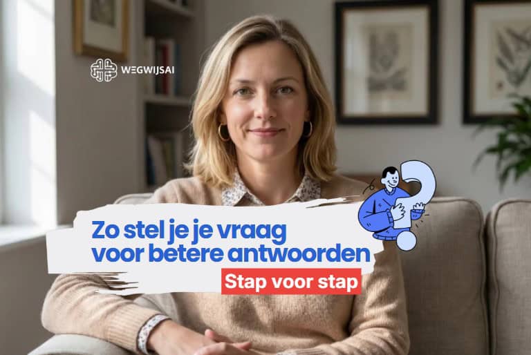 Vrouw stelt een vraag aan WegwijsAI voor betere antwoorden, thuis setting, vriendelijke uitstraling.