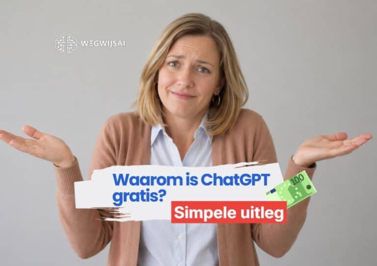 Vrouw met verwarrende uitdrukking en tekst over gratis ChatGPT uitleg.