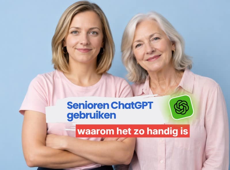 Senioren en jonge vrouw met WegwijsAI uitleg over ChatGPT gebruik. Senior gebruikt ChatGPT op laptop voor uitleg en overzicht