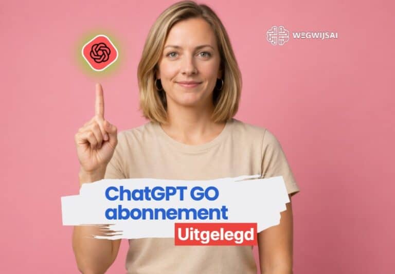 Vrouw wijst naar ChatGPT GO abonnement uitleg op roze achtergrond.