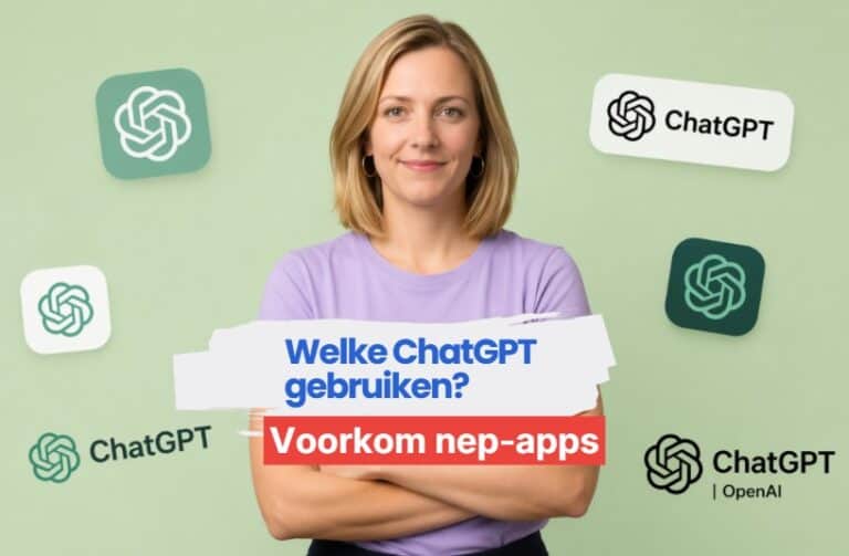 Vrouw kijkt twijfelend naar verschillende ChatGPT-apps en kiest veilig de officiële versie.