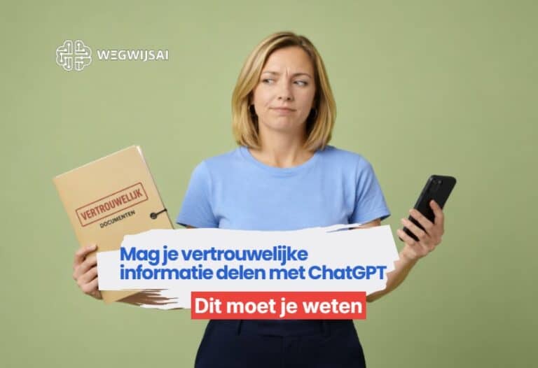 Vrouw die vertrouwelijke documenten vasthoudt en smartphone gebruikt, met tekst over privacy en Chat.