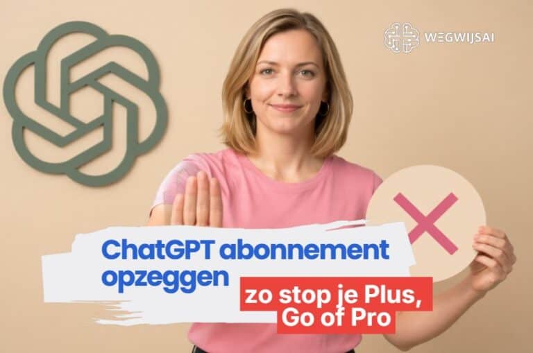 Vrouw houdt stopteken en toont logo WegwijsAI met tekst over opzeggen van ChatGPT-abonnement.