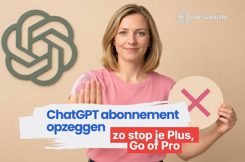 Vrouw houdt stopteken en toont logo WegwijsAI met tekst over opzeggen van ChatGPT-abonnement.