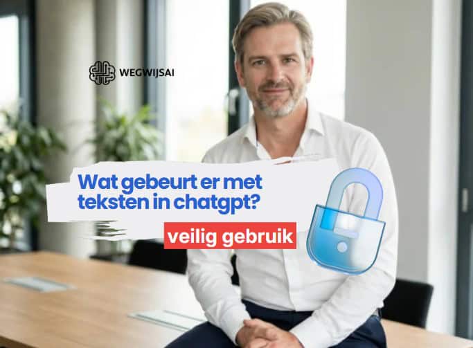 Man met laptop en slot-icoon, over teksten in ChatGPT en veilig gebruik.