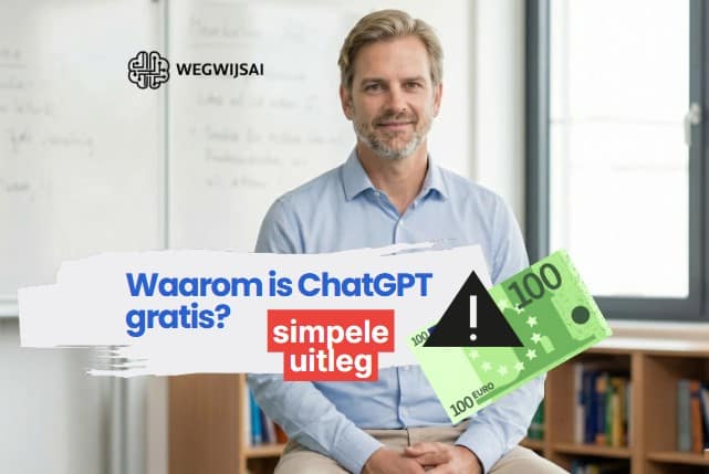 Man met boekenplank en whiteboard, uitleg over gratis ChatGPT, educatief en informatief beeld.