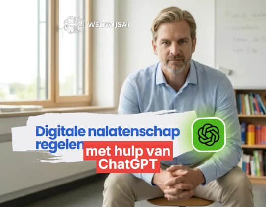 Man in kantoor met tekst over digitale nalatenschap en ChatGPT.