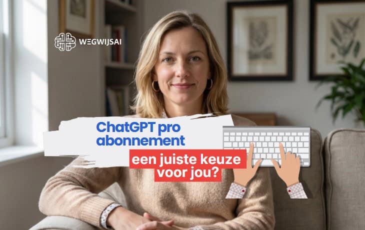 Vrouw met laptop en tekst over ChatGPT-abonnement en keuzehulp.