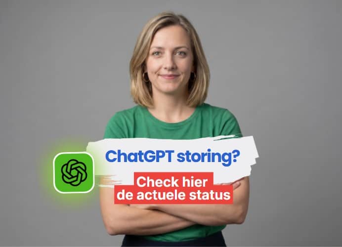 Vrouw houdt bord met ChatGPT opslag en statuscontrole, grijze achtergrond.