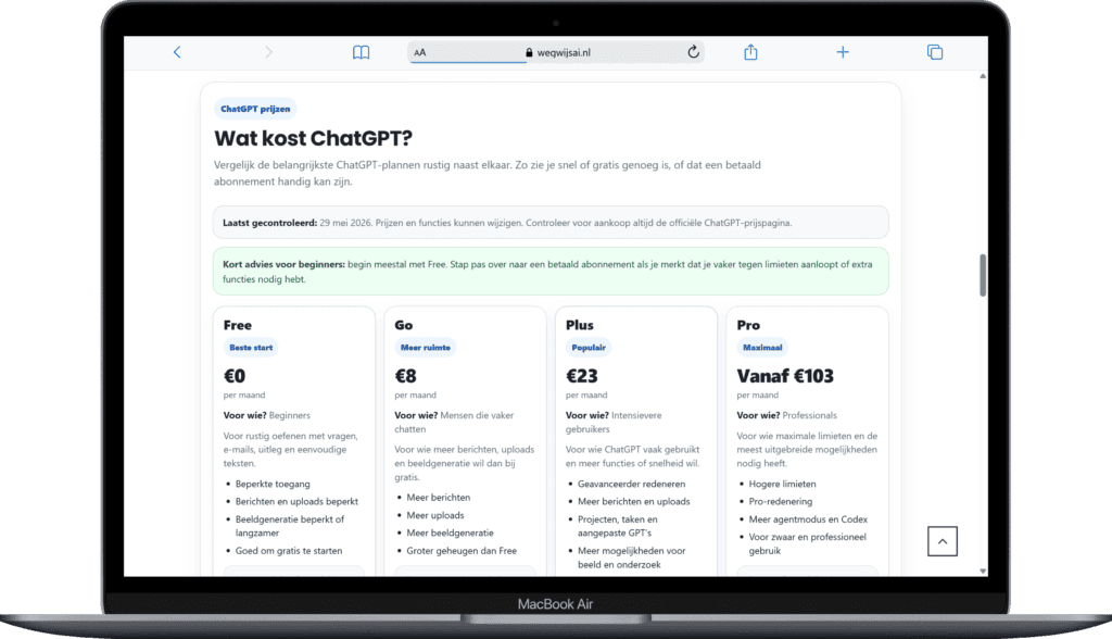 ChatGPT betaald ChatGPT Go abonnement. ChatGPT plus abonnement. ChatGPT kosten per maand. Illustratie van WegwijsAI chatplatform met AI-gestuurde communicatie en gebruikersinterface.