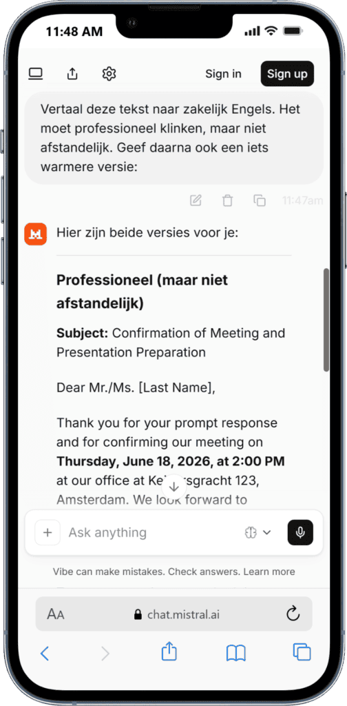 ChatGPT vertalen Professioneel, afstandelijk: bevestiging en presentatie voorbereiding voor zakelijke meetings.