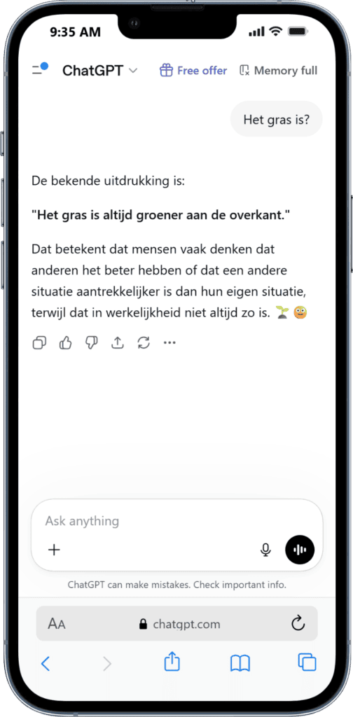 Hoe betrouwbaar is ChatGPT. Screenshot van WegwijsAI chatinterface met AI-gestuurde antwoorden op vragen.