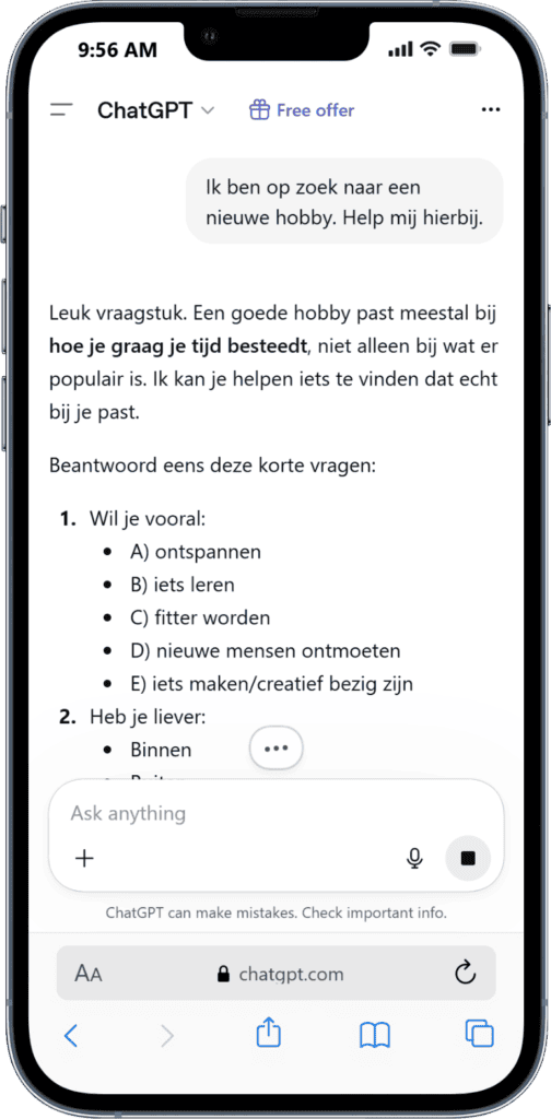 Hulp bij het vinden van een nieuwe hobby of creatieve activiteit via WegwijsAI, inclusief tips en ad.