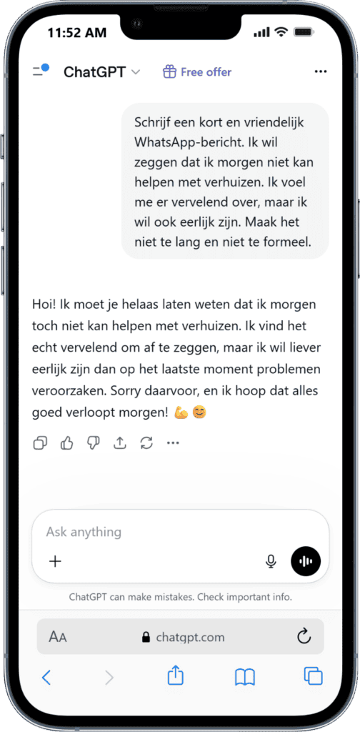 WhatsApp bericht schrijven met ChatGPT AI-gestuurde verkeersinformatie en routeplanning.