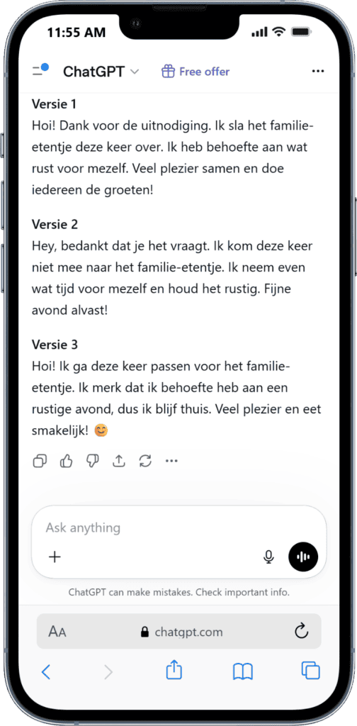 WhatsApp bericht schrijven met ChatGPT AI-gestuurde assistent voor familie- en gezelschapsspellen, met chatfunctie voor vragen en tips.