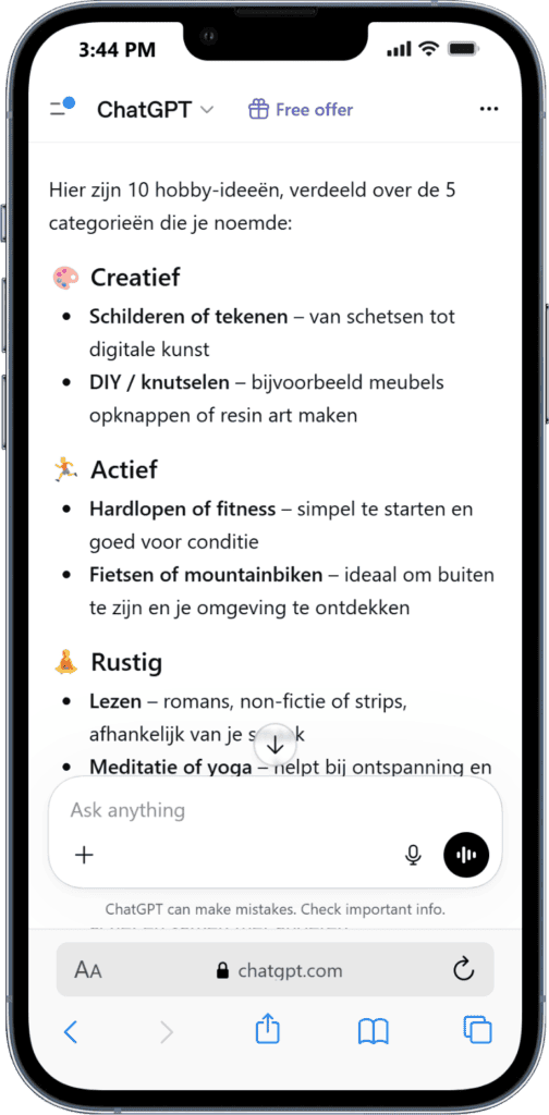 Hobby ideeën met ChatGPT