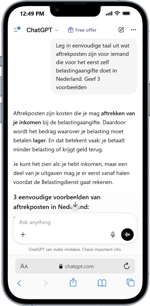 ChatGPT vragen stellen Illustratie van WegwijsAI die belastingaangifte vereenvoudigt voor Nederlandse gebruikers.