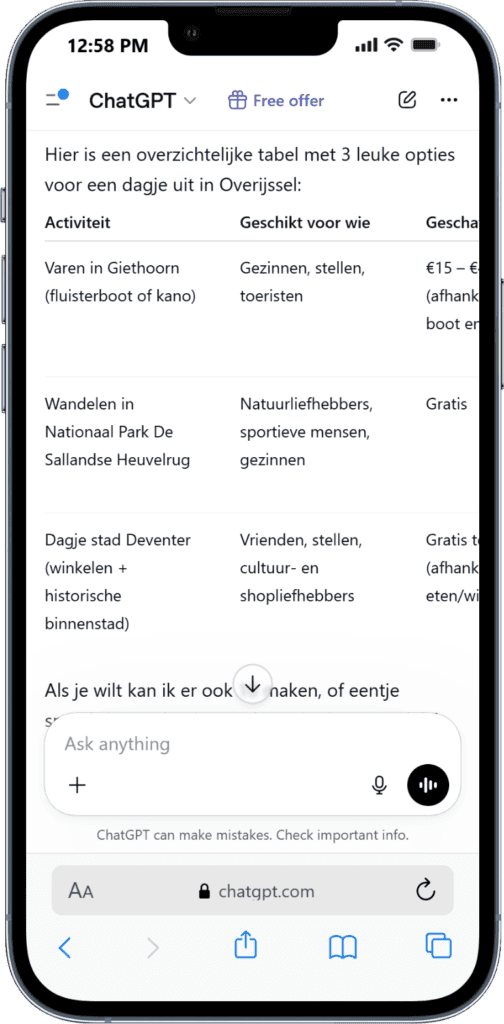 ChatGPT vragen stellen Een overzichtelijke dagindeling voor Overijssel met activiteiten zoals varen, wandelen en cultuur, i.