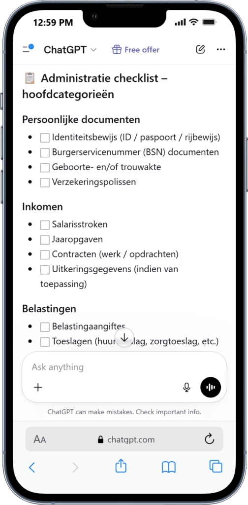 ChatGPT vragen stellen Overzicht van persoonlijke documenten en belastinginformatie voor optimale organisatie.