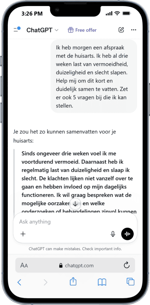 Een gesprek voorbereiden met ChatGPT ChatGPT helpt bij het voorbereiden van een huisartsengesprek.