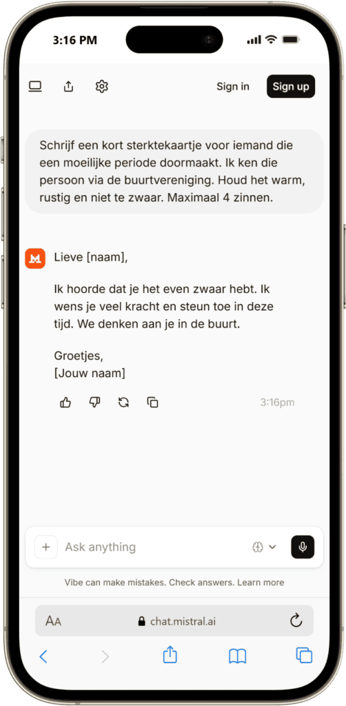Kaartje schrijven met ChatGPT Chatgesprek met WegwijsAI voor emotionele steun en advies bij zware gevoelens.