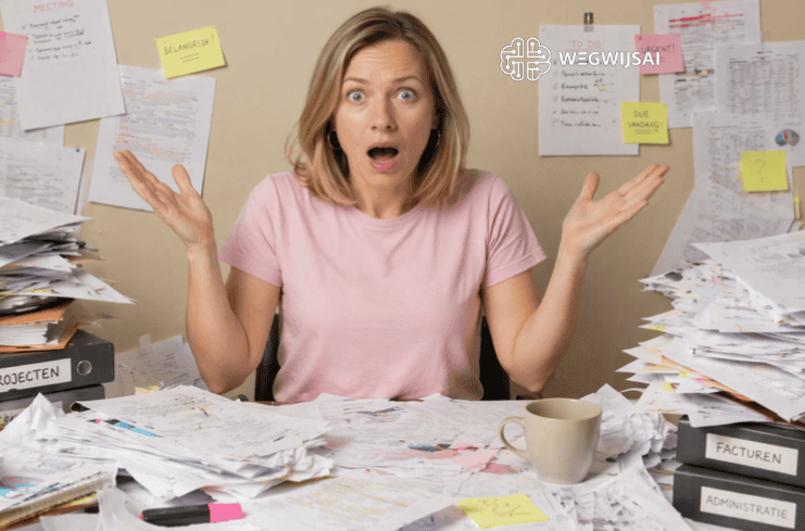 Vrouw omringd door stapels papier en documenten, uitdrukking van stress en verwarring.