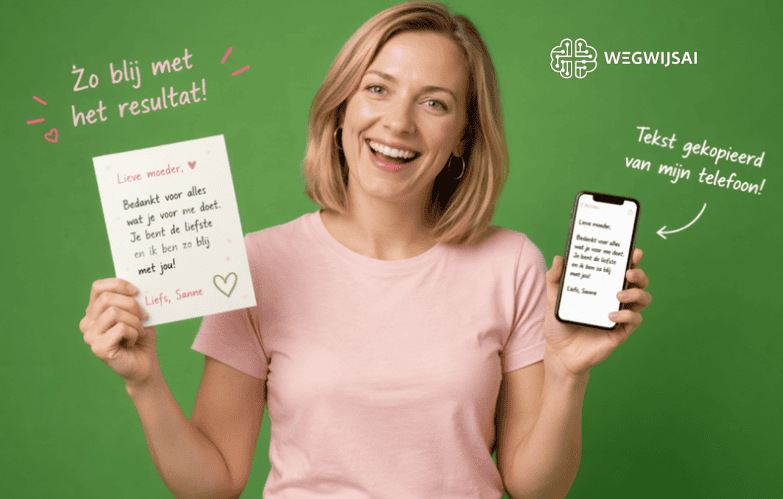 Kaartje schrijven met ChatGPT Vrolijke vrouw toont smartphone en brief met positieve boodschap, promotie van WegwijsAI.
