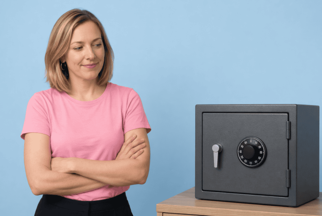 Veiligheidssafe en vrouw die nadenkt over beveiliging en privacy.