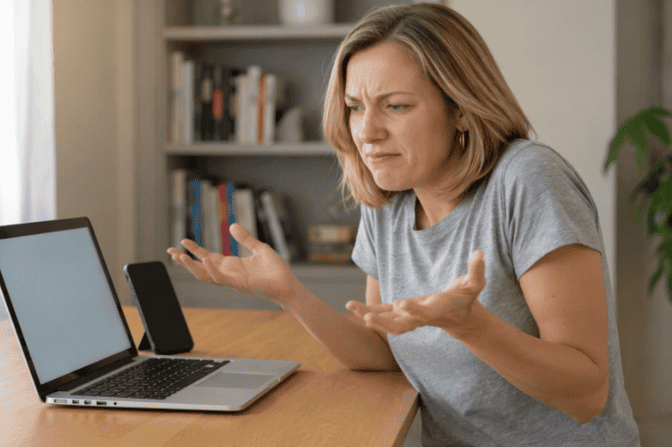 Verwarde vrouw die haar frustratie uitdrukt tijdens online communicatie op haar laptop en smartphone.