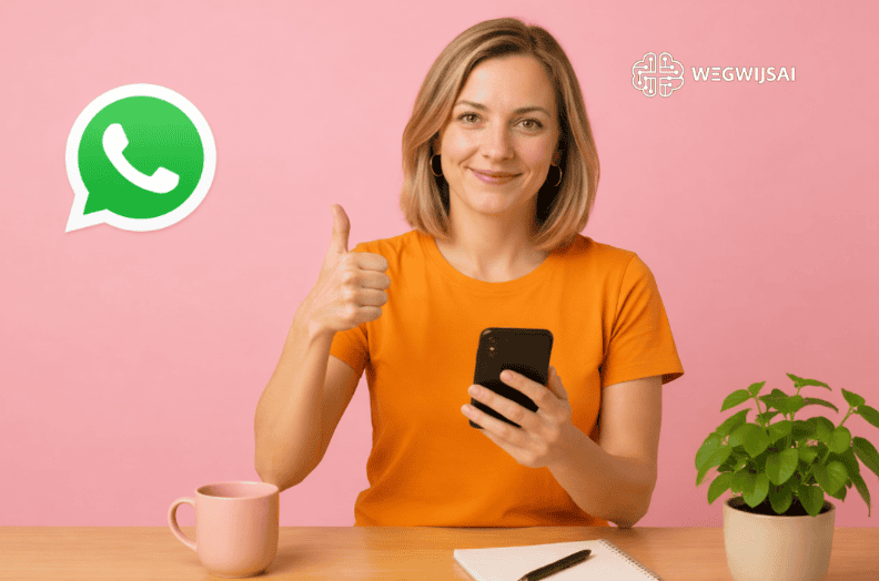 WhatsApp bericht schrijven met ChatGPT Vrouw met smartphone en WhatsApp-logo, contact maken via WegwijsAI.