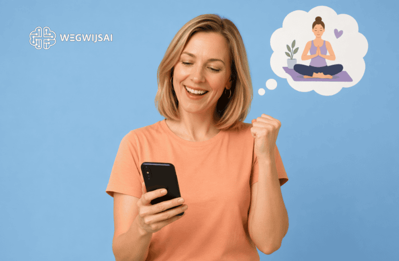 Vrouw die op haar smartphone kijkt met een meditatie gedachte in gedachten.