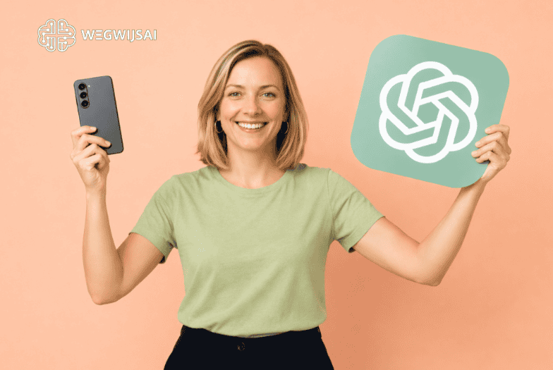 Vrouw houdt smartphone en WegwijsAI-logo, glimlachend en enthousiast.