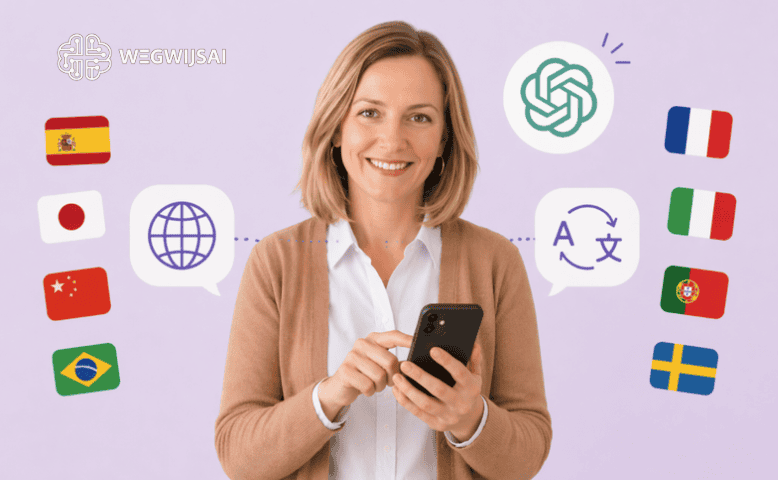 ChatGPT vertalen Vrouw met smartphone omringd door vlaggen en AI-symbolen, AI-ondersteuning voor meertalige communica.