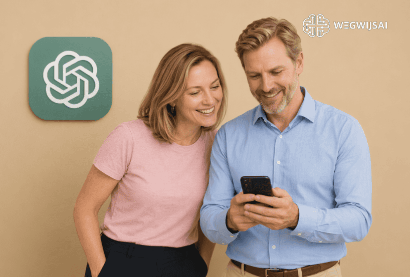 ChatGPT vragen stellen Twee mensen kijken blij naar een smartphone, met WegwijsAI logo op de muur achter hen.