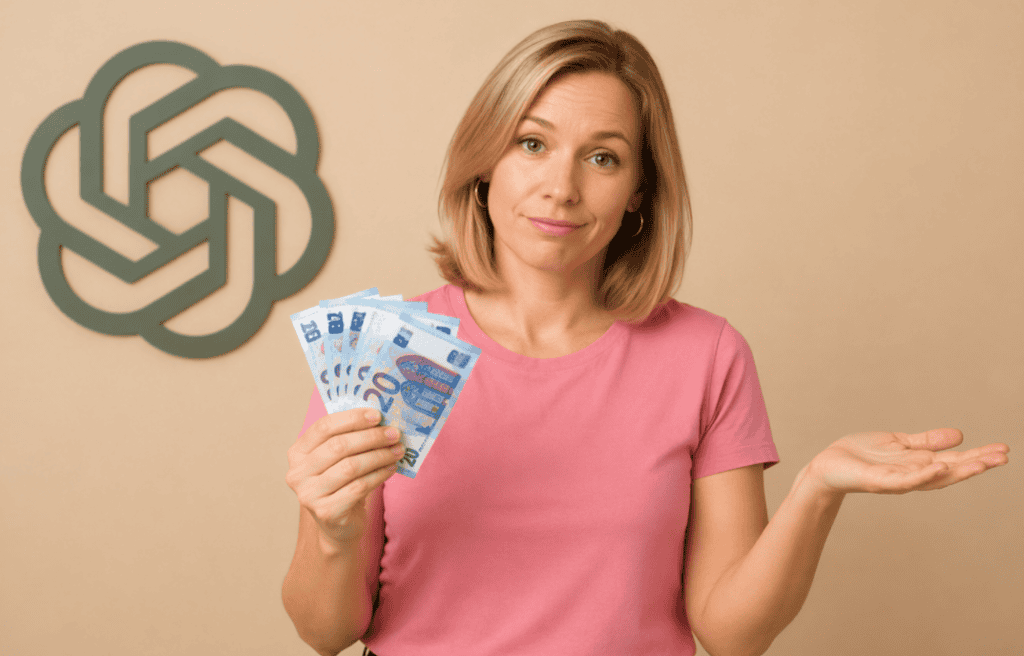 Vrouw met eurobiljetten en symbool voor financiële begeleiding, illustratie van geld en advies.