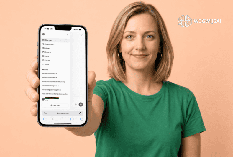 Vrouw toont WegwijsAI app op smartphone met overzichtelijke menu's.